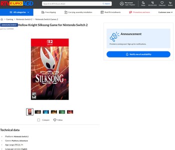 Hollow Knight Silksong Switch 2 RTV Euro AGD lista (Kép forrása: screenshot, RTV Euro AGD)