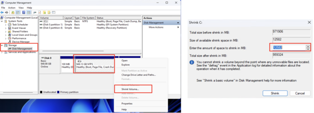 A Windows Lemezkezelés makacsul megadhatja a megfelelő helyet, amelyen belül a meghajtó zsugorítható (Kép forrása: Notebookcheck)