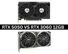 Az Nvidia GeForce RTX 5050 és RTX 3060 12 GB-os grafikus kártyák egymás melletti képe (Kép forrása: Gigabyte és MSI. Az összetételt Anmol Dubey készítette a Notebookcheck segítségével).