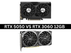 Az Nvidia GeForce RTX 5050 és RTX 3060 12 GB-os grafikus kártyák egymás melletti képe (Kép forrása: Gigabyte és MSI. Az összetételt Anmol Dubey készítette a Notebookcheck segítségével).