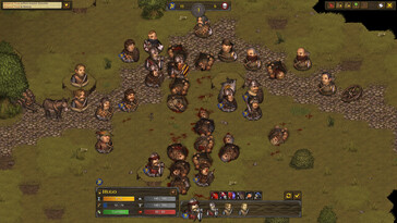 Egy kép, amely a Battle Brothers című játékban két hadsereg közötti csatát ábrázol.