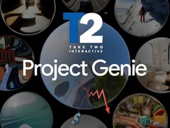 A Google Project Genie banner a Take-Two részvényeivel csökkenő értéken látható