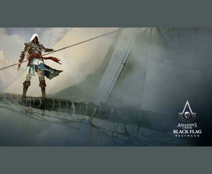 Az Assassin's Creed Black Flag Resynced hivatalos grafikája Edward Kenwayt mutatja egy hajó árbocán állva.