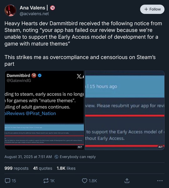 Ana Valens Bluesky posztja a Steam felnőtt játékok korai hozzáféréséről (Kép forrása: screenshot, Ana Valens Bluesky fiók)