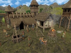 A Dawn of Man című játékban szereplő épületeket ábrázoló kép.