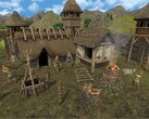 A Dawn of Man című játékban szereplő épületeket ábrázoló kép.