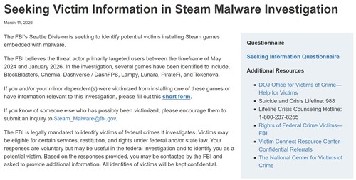 FBI értesítés a Steam malware vizsgálatról