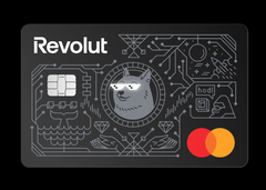 A Revolut Mastercard LED-ekkel. A „szemek” kigyulladnak fizetés közben.