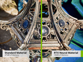 A szabványos és a neurális anyagok összehasonlítása azt mutatja, hogy az Nvidia jelentősen csökkentheti a játékok VRAM-szükségletét. (Kép forrása: Nvidia, szerkesztett)