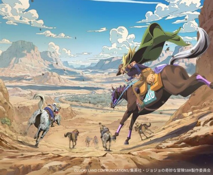 A Netflix Steel Ball Run című animéjének hivatalos képi anyaga, amelyben Gyro Zeppeli és Johnny Joestar az amerikai sivatagban száguldozik. (A kép forrása: Warner Bros. Japan / Netflix Anime