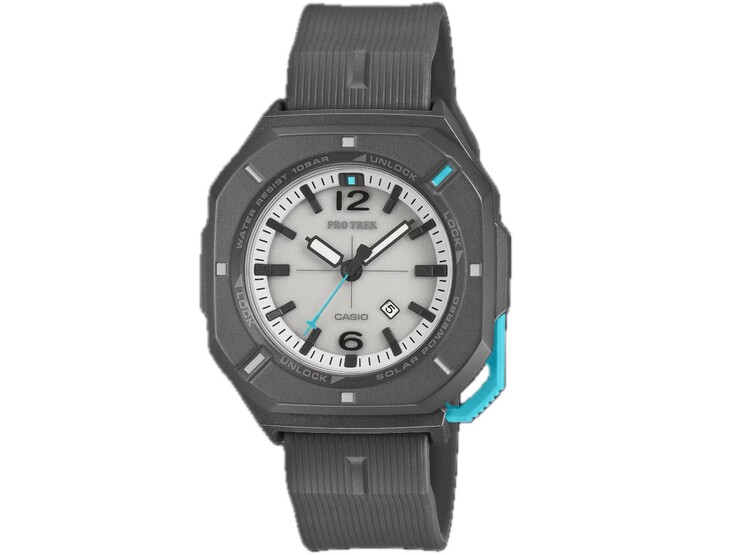 Casio Pro Trek PRJ-01AE-8 analóg karóra szürke tokban, fehér számlappal, türkiz díszítéssel és fekete szíjjal