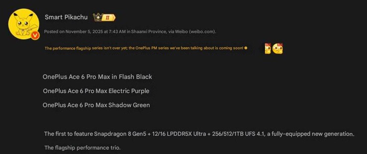 A OnePlus Ace 6 Pro Max színválasztékai és memória adatai. (Kép forrása: Weibo - gépi fordítás)