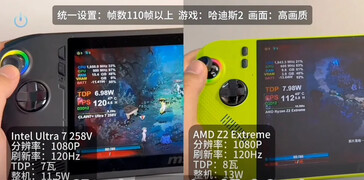 MSI Claw Z2 Extreme vs Ultra 7 258V energiafogyasztás (Kép forrása: Bilibili via VideoCardz)