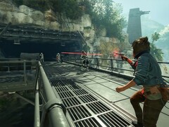 Kay Vess, a Star Wars Outlaws főszereplője, amint Strom Troopersre lő. (Kép forrása: Nintendo)