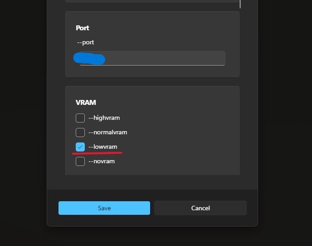 Képernyőkép a ComfyUI csempén belüli beállítások menüjéről a Stabilitás mátrixon, az alacsony vram kiemelve. (Kép forrása: Windows Screen Capture)