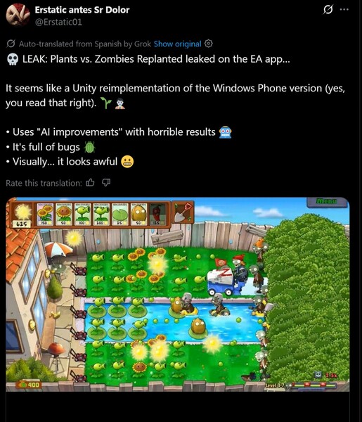 Pillanatkép a Plants vs. Zombies Replanted kiszivárgott verzióból (Kép forrása: screenshot, Erstatic antes Sr Dolor X account)