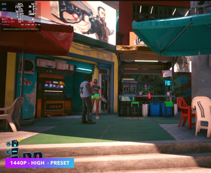 A Cyberpunk 2077 a SteamOS-en fut 1440p felbontással, a „High” beállítás használatával