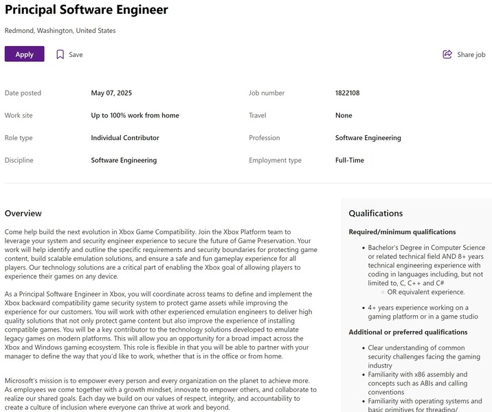 Microsoft álláshirdetés Principal Software Engineer (Kép forrása: screenshot, Microsoft Careers)