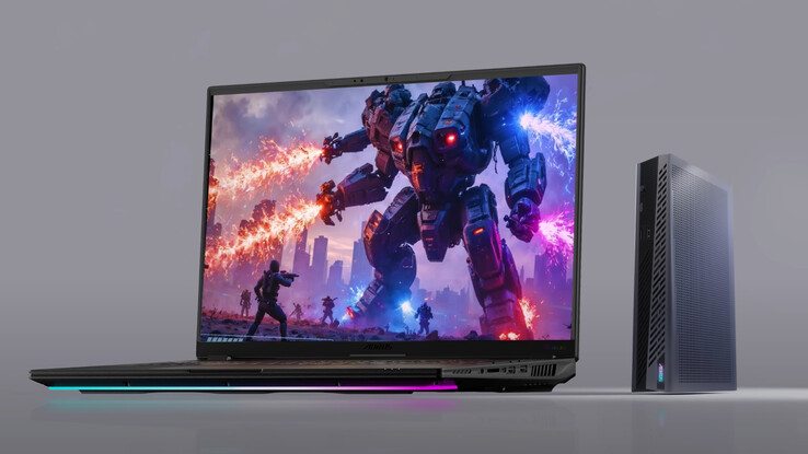 Az Aorus RTX 5060 Ti AI Box a Gigabyte egyik legújabb 16 hüvelykes gamer laptopja mellett. (Kép forrása: Gigabyte)