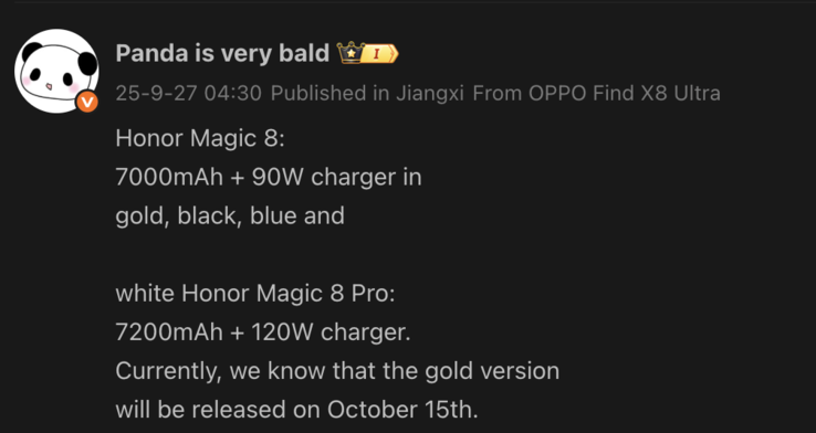 Kiszivárgott információk a Magic 8-ról. (Kép forrása: Weibo - gépi fordítás)