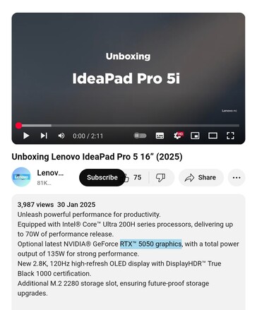 A Lenovo IdeaPad Pro 5 16 Nvidia RTX 5050 GPU-val a fedélzeten fog megjelenni. (Kép forrása: Lenovo PC a YouTube-on)