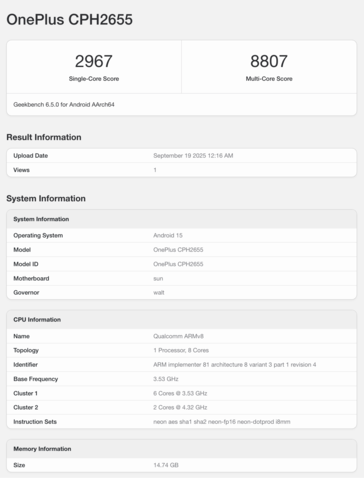 A OnePlus 13 listázása a Geekbench-en. (Kép forrása: Geekbench)
