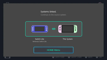 A Nintendo Switch konzolok összekapcsolásának 3. lépése a virtuális játékkártya megosztásához: Megjelenik a "Systems linked" megerősítő képernyő, amely jelzi, hogy a csatlakoztatási folyamat befejeződött. A felhasználó a HOME Menu gomb megnyomásával utasítást kap, hogy folytassa a forrásrendszeren.
