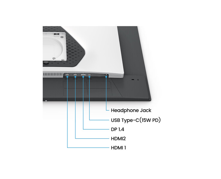 A monitor fizikai csatlakozási lehetőségei között két HDMI 2.1-es port és egy DisplayPort 1.4-es csatlakozó található, valamint beépített, 2 W-os kettős hangszórók.