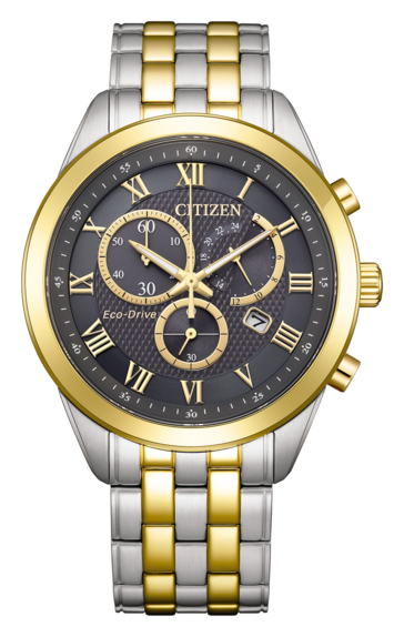 Citizen AT2604-56H Eco-Drive kronográf, szénszürke, texturált számlappal, arany színű kerettel és mutatókkal, valamint kétszínű rozsdamentes acél karkötővel.