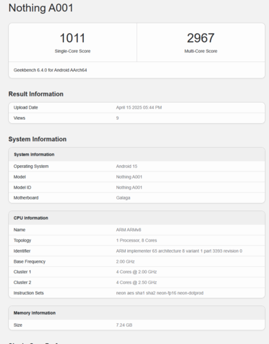 Feltételezett CMF Phone 2 Pro Geekbench lista (kép forrása: Geekbench)