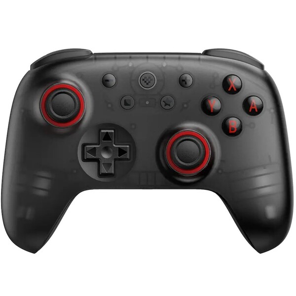 A 8BitDo Ultimate 2C Bluetooth átlátszó fekete színben piros joystick gyűrűkkel és ABXY gombokkal rendelkezik. (Kép forrása: 8BitDo)