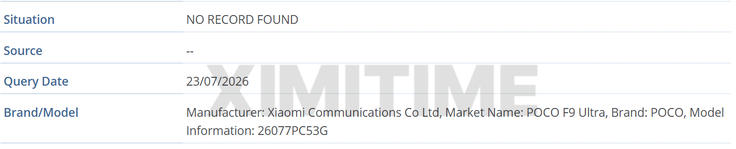 A Poco F9 Ultra bejegyzése a GSMA IMEI-adatbázisában.