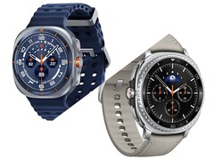 Galaxy Watch Ultra Titanium Blue színben (fent) és Galaxy Watch 8 Classic fekete színben Taupe színű szalaggal (szerkesztett).