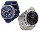 Galaxy Watch Ultra Titanium Blue színben (fent) és Galaxy Watch 8 Classic fekete színben Taupe színű szalaggal (szerkesztett).