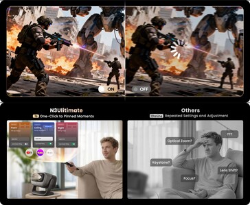 A Jmgo N3 Ultimate AI térbeli memória és az egy kattintással történő beállítás összehasonlítása a hagyományos projektor manuális beállításaival és a pufferelési késleltetéssel szemben