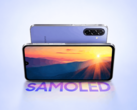 Samsung Galaxy F70 5G elöl- és hátulnézetből, lila színben