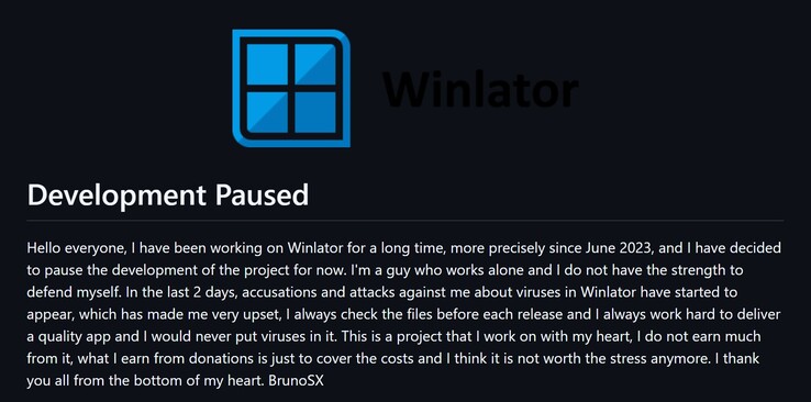 BrunoSX üzenete a Winlator fejlesztésének szüneteltetéséről (Kép forrása: GitHub)