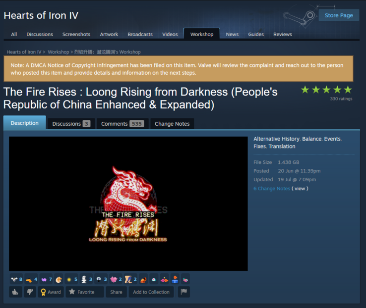 A DMCA-közlemény a The Fire Rises : Loong Rising from Darkness Steam közösségi oldalán. (Kép forrása: Steam)
