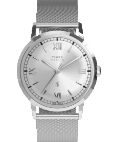 Timex x Todd Snyder Marlin Mesh öltönyóra ezüst színű, napraforgó mintás számlappal és milánói karkötővel.