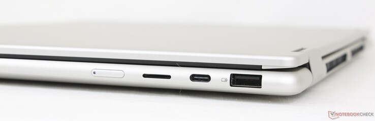 Rendben: Bekapcsológomb, MicroSD-olvasó, USB-C (10 Gbps) w/ DisplayPort 1.4a + Power Delivery, USB-A (5 Gbps)