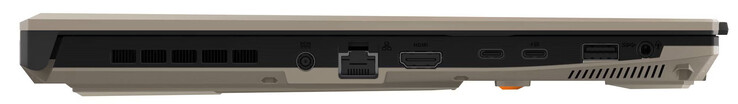 left side: power connection, Gigabit Ethernet, HDMI, USB 4 (USB-C; DisplayPort), USB 3.2 Gen 2 (USB-C; DisplayPort, Power Delivery), USB 3.2 Gen 1 (USB-A), audio combo