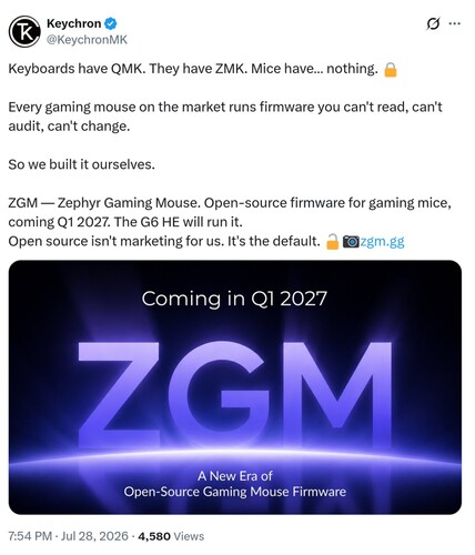 A Keychron ZGM firmware-jéről szóló bejelentés az X-en