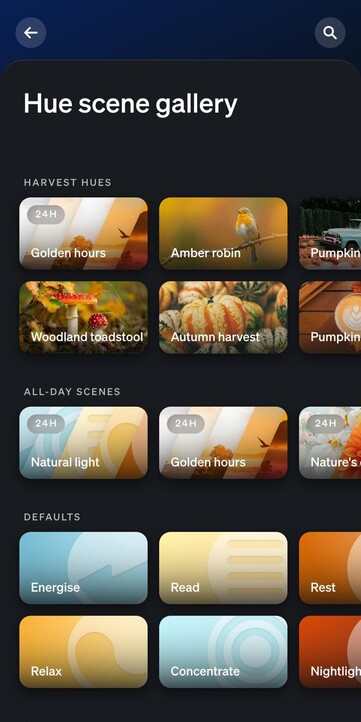 Az új Harvest Hues kollekció képernyőfotója a Philips Hue alkalmazás jelenetgalériájában. (Kép forrása: Saját)