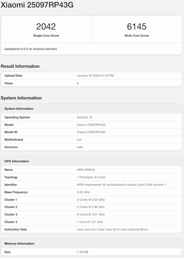A Xiaomi Pad 8 globális változatának Geekbench listázása.