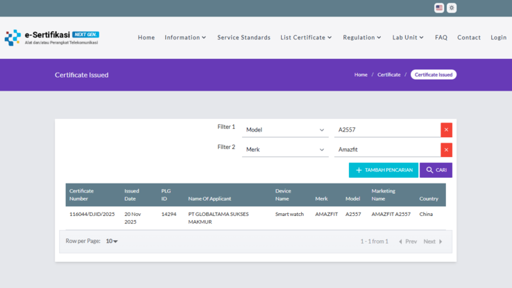 Az Amazfit A2557 okosóra tanúsítványának képernyőképét a DJID adatbázisban. (Kép forrása: DJID)