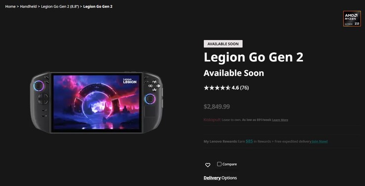 Legion Go 2 listázás a Lenovo weboldalán. 