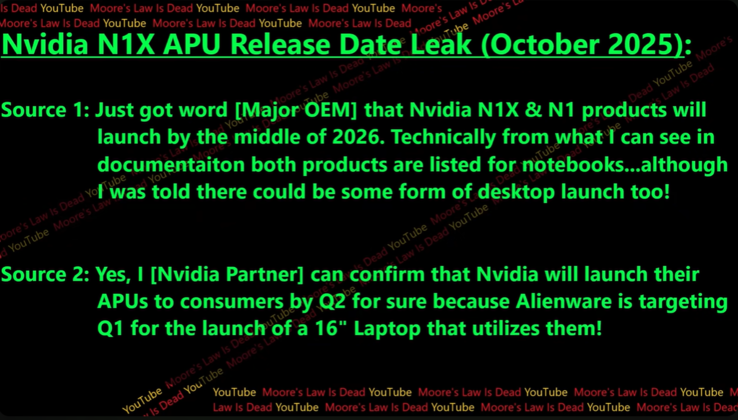Nvidia N1X megjelenési dátum pletykák. (Kép forrása: Moore's Law Is Dead a YouTube-on)