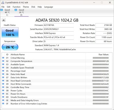 Az ADATA SE920 támogatja a PCIe 4.0 x2 szabványt
