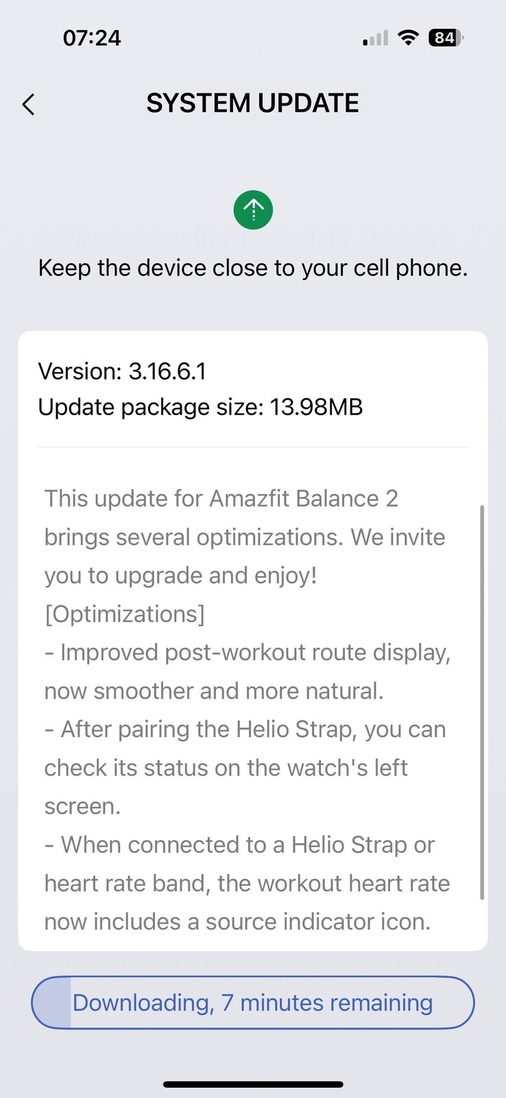 Az Amazfit Balance 2 okosóra 3.16.6.1 verziójának kiadási megjegyzései. (Kép forrása: u/FinishDue3792 via Reddit)