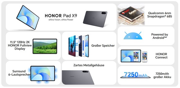 Az Európában értékesített Honor Pad X9 ugyanaz a táblagép, mint a Kínában értékesített Honor X8 Pro. (Kép forrása: Honor)